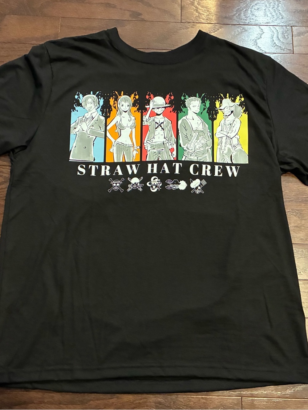 Onepiece Black Straw Hat Crew Graphic Tee with Rainbow Panels